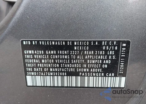 2016 Volkswagen Jetta 1.8T Sport from USA, damaged, VIN 3VWD17AJ7GM392686